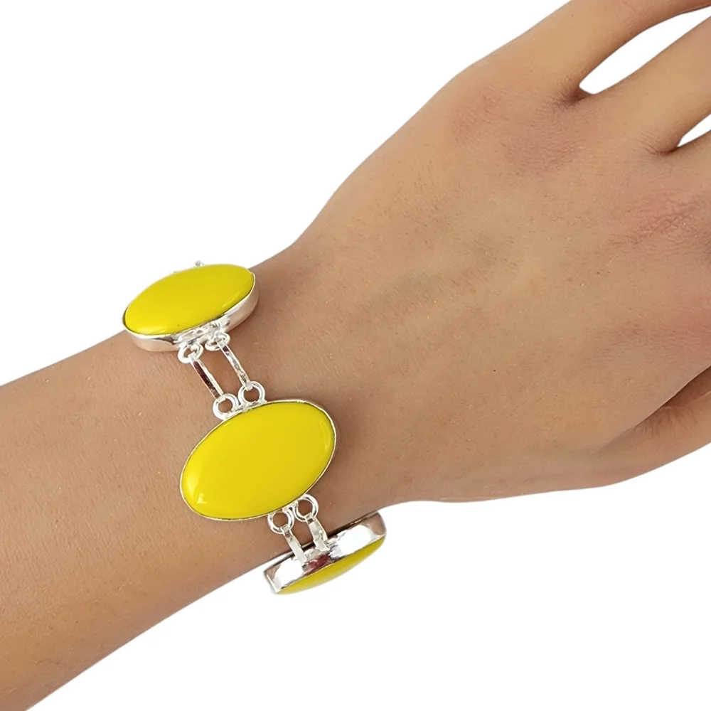 Yellow coral gemstone bracelet chunky statement silver bracelet J15